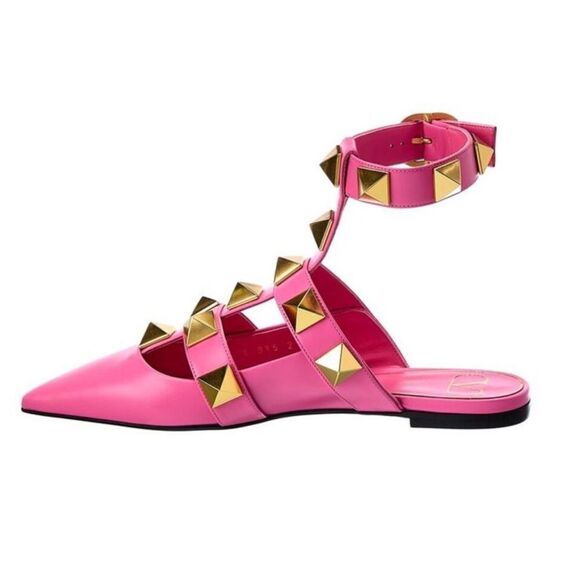 Valentino Roman Stud Leather Ankle Strap Flat Pink IT 37/ US 7 - Picture 13 of 14
